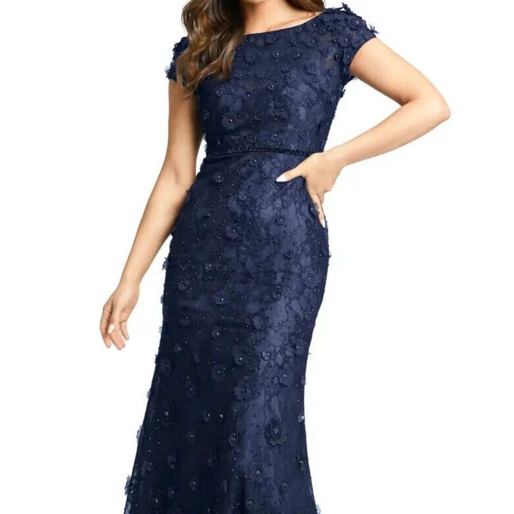 Mac Duggal Midnight Blue Floral Appliqué Lace Trumpet Gown